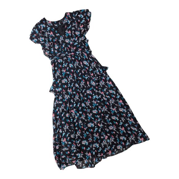 Lane Bryant Black Ditsy Floral Print Layered Chiffon Ruffle Maxi Dress 1X 14 16 - Picture 1 of 5